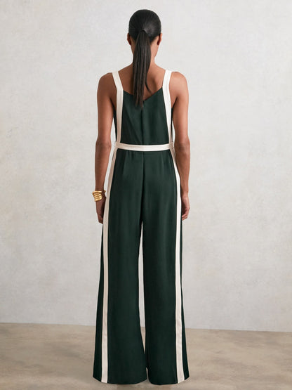 Reiss Colourblock Wide Leg Belted Jumpsuit in Dark Green/Cream