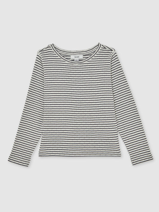 Reiss 13-14 yrs Cotton Pointelle Long Sleeve Top in Navy/White