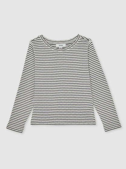 Reiss 9-13 yrs Cotton Pointelle Long Sleeve Top in Navy/White