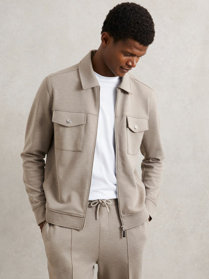 Reiss Interlock Jersey Zip-Through Jacket in Taupe Brown