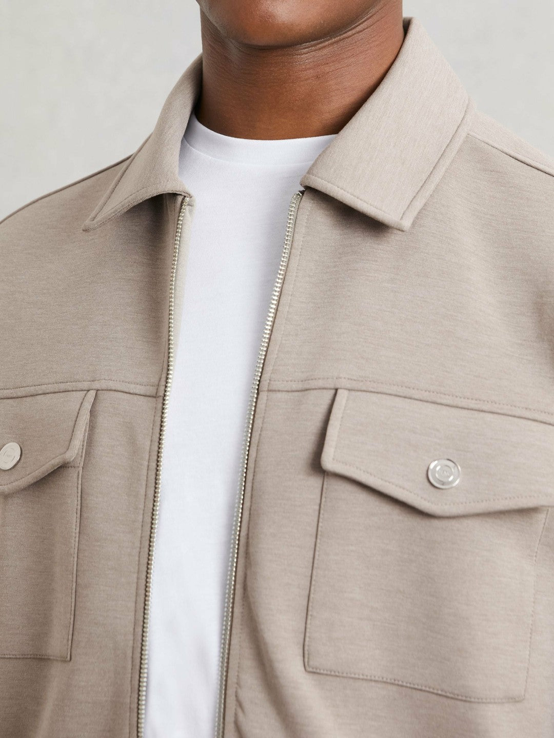 Reiss Interlock Jersey Zip-Through Jacket in Taupe Brown