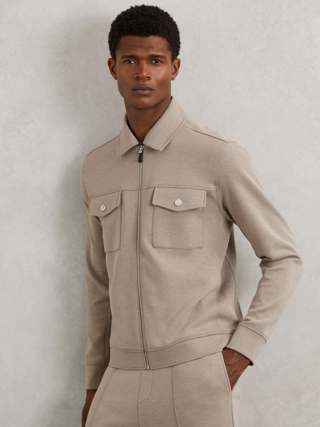 Reiss Interlock Jersey Zip-Through Jacket in Taupe Brown