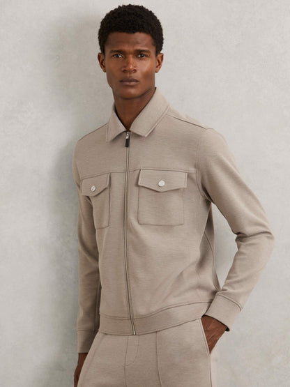 Reiss Interlock Jersey Zip-Through Jacket in Taupe Brown