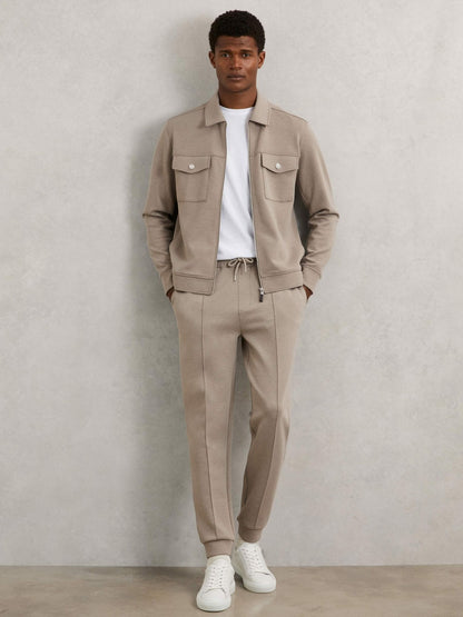 Reiss Interlock Jersey Zip-Through Jacket in Taupe Brown