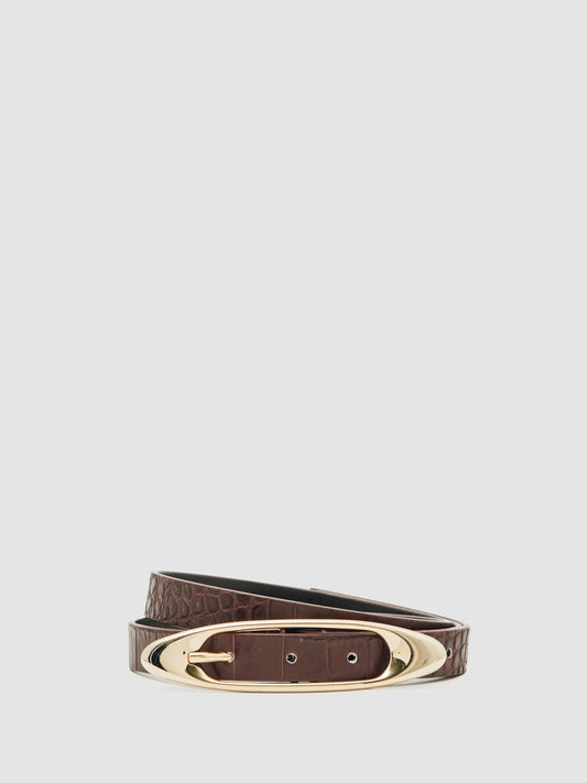 Reiss Croc-Effect Leather Oval-Buckle Belt in Burgundy
