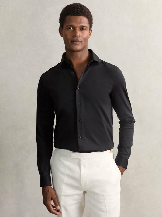 Reiss Cotton-Jersey Button-Through Shirt in Black