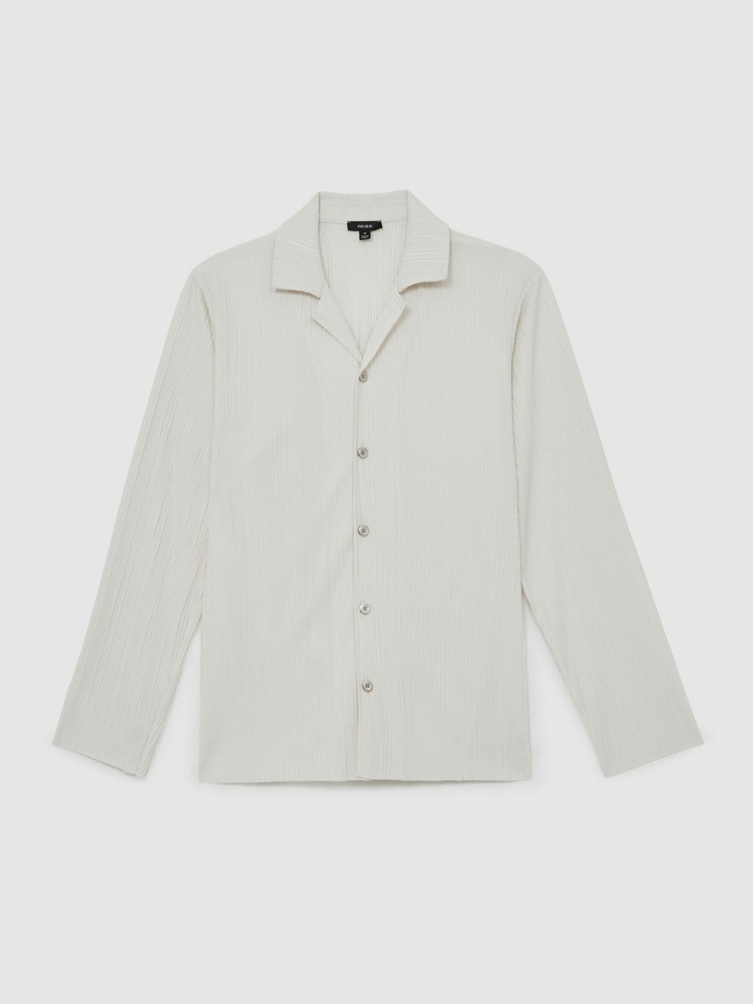 Reiss Plissé Cuban-Collar Long-Sleeve Shirt in Off White