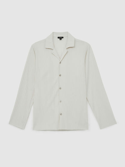 Reiss Plissé Cuban-Collar Long-Sleeve Shirt in Off White