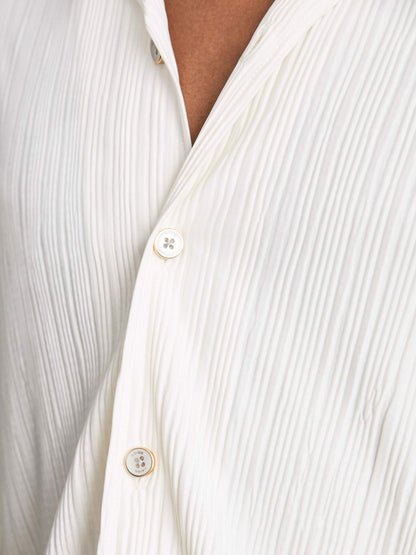 Reiss Plissé Cuban-Collar Long-Sleeve Shirt in Off White