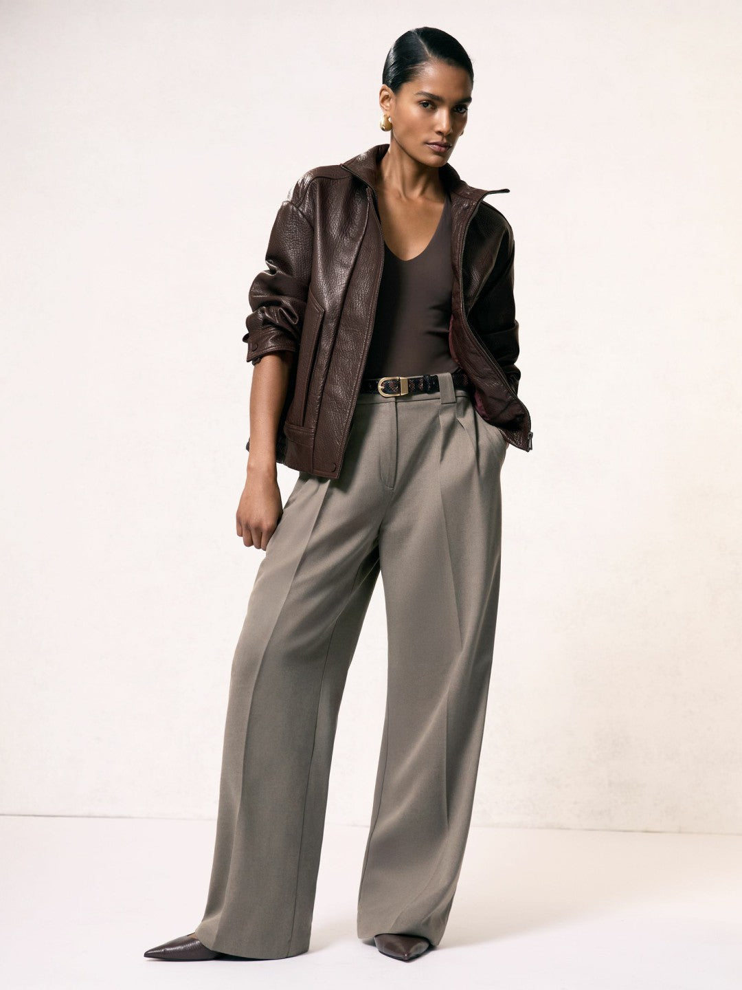 Reiss Oversize Grained-Leather Bomber Jacket in Burgundy