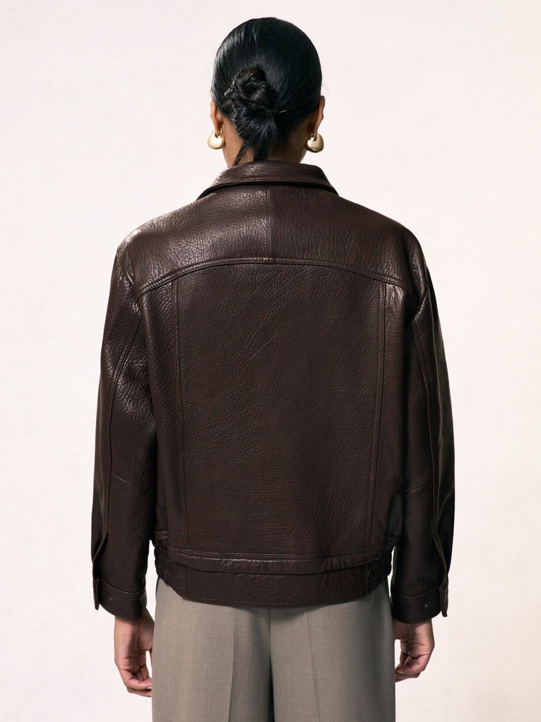 Reiss Oversize Grained-Leather Bomber Jacket in Burgundy