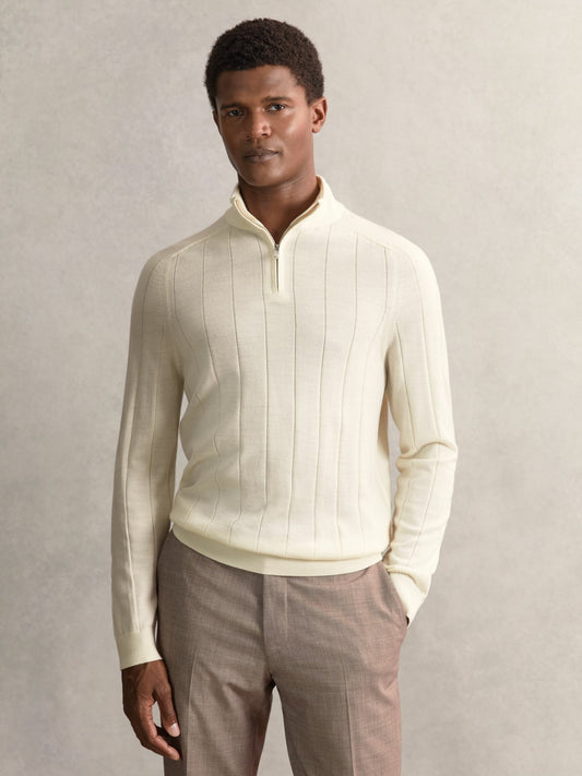 Reiss Merino Wool Wide-Rib Half-Zip Jumper in Bianco