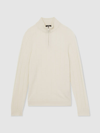 Reiss Merino Wool Wide-Rib Half-Zip Jumper in Bianco