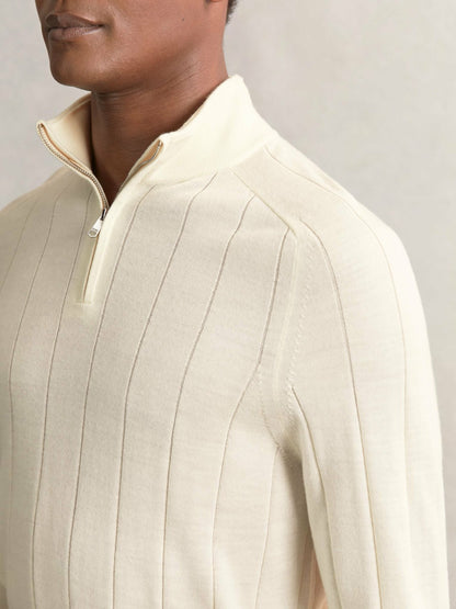 Reiss Merino Wool Wide-Rib Half-Zip Jumper in Bianco
