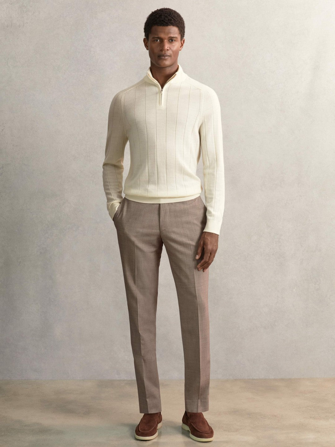 Reiss Merino Wool Wide-Rib Half-Zip Jumper in Bianco