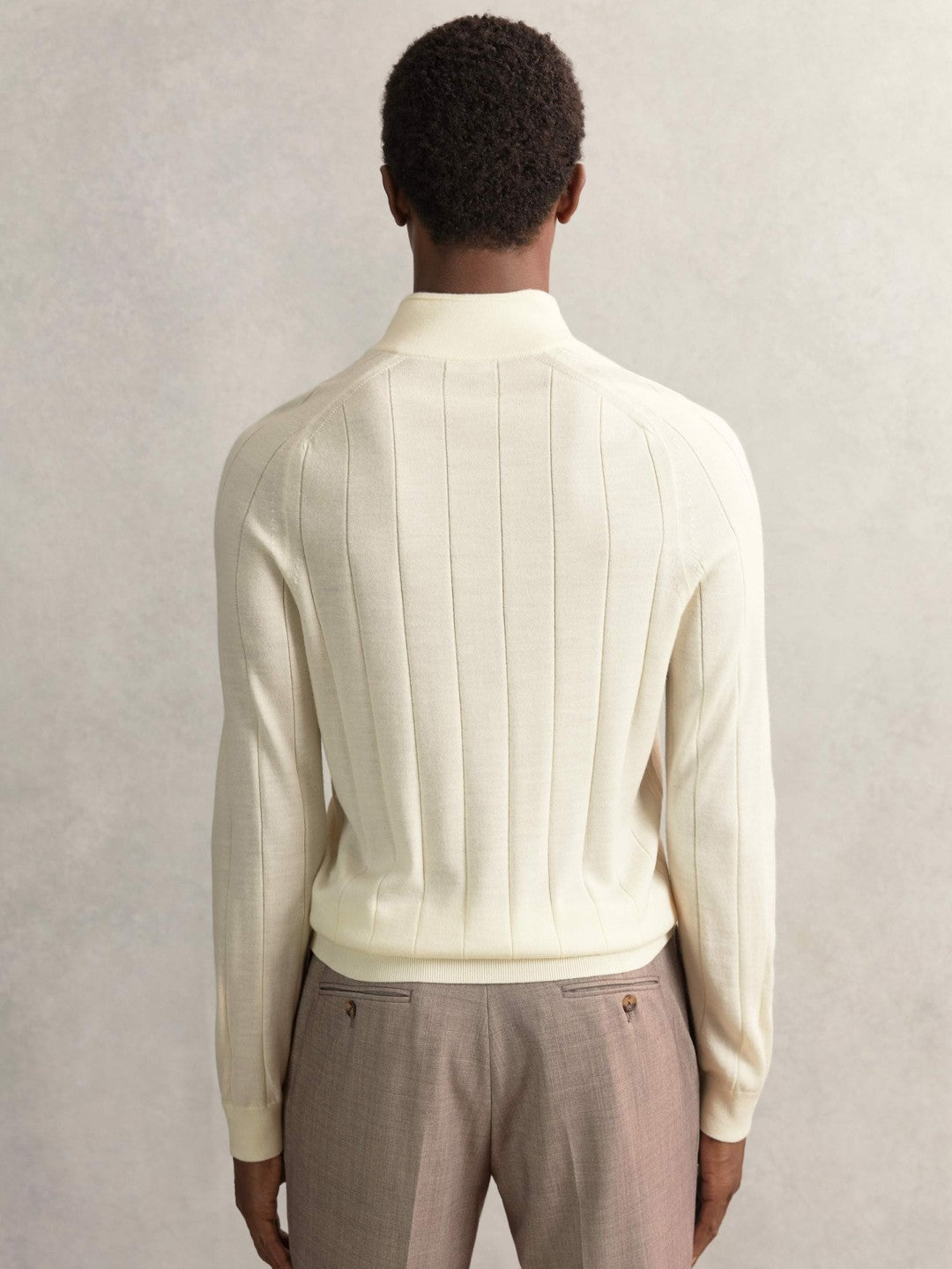 Reiss Merino Wool Wide-Rib Half-Zip Jumper in Bianco