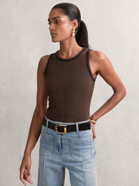 Reiss Stretch-Cotton Jersey Tipped Vest in Chocolate Brown/Black