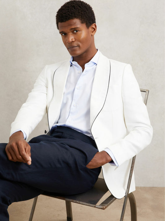 Reiss Single-Breasted Blazer with Linen in Ivory White