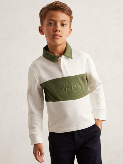 Reiss 9-13 yrs Cotton Logo-Embroidery Rugby Polo Shirt in Forset Green/White