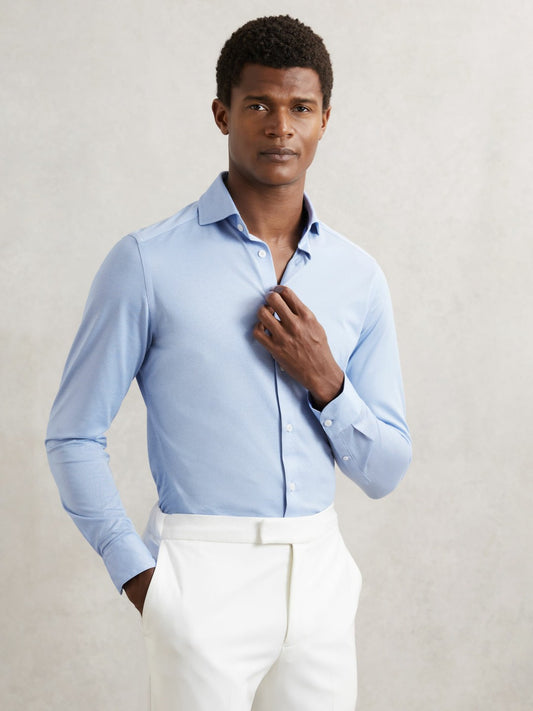 Reiss Cotton-Blend Jersey Cutaway-Collar Shirt in Soft Blue