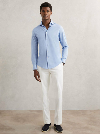 Reiss Cotton-Blend Jersey Cutaway-Collar Shirt in Soft Blue