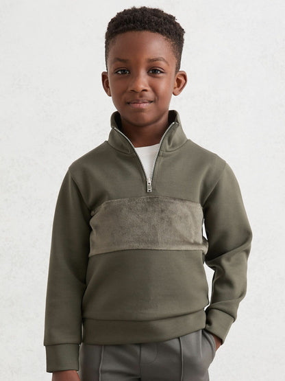 Reiss 9-13 yrs Slim Fit Half-Zip Funnel Neck Velour Sweatshirt in Dark Sage Green
