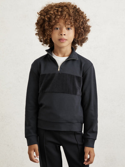 Reiss 13-14 yrs Slim Fit Half-Zip Funnel Neck Velour Sweatshirt in Navy Blue