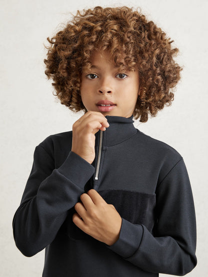 Reiss 13-14 yrs Slim Fit Half-Zip Funnel Neck Velour Sweatshirt in Navy Blue