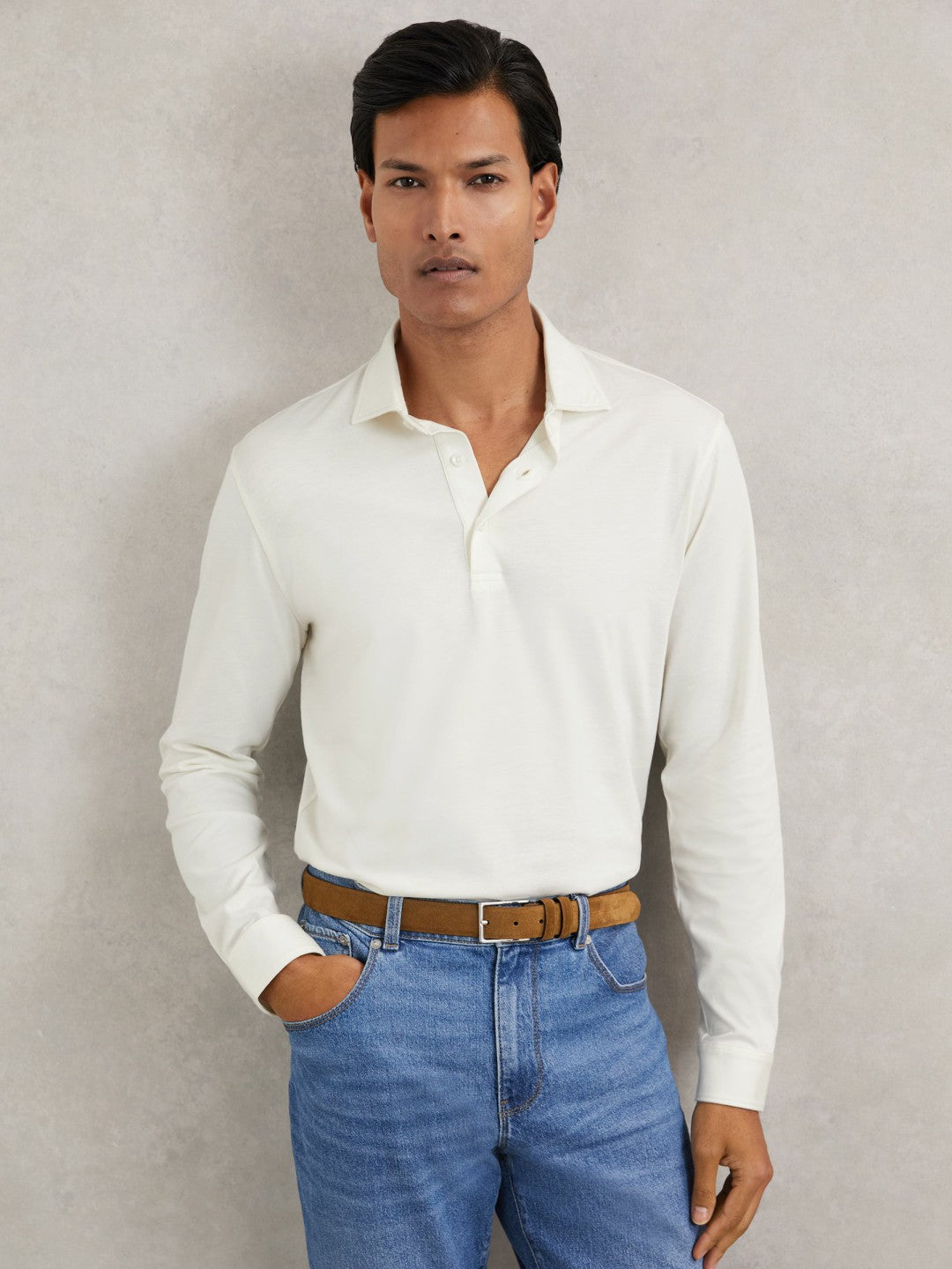 Reiss Cotton-Jersey Long Sleeve Polo Shirt in White
