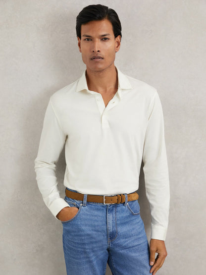 Reiss Cotton-Jersey Long Sleeve Polo Shirt in White