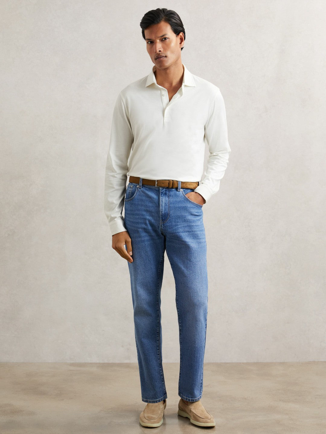 Reiss Cotton-Jersey Long Sleeve Polo Shirt in White