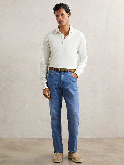 Reiss Cotton-Jersey Long Sleeve Polo Shirt in White