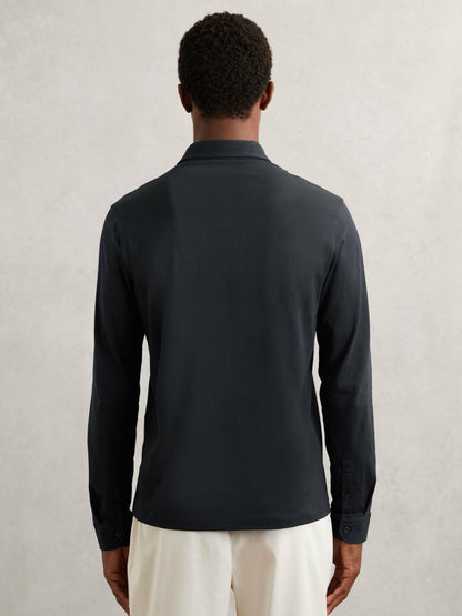 Reiss Cotton-Jersey Long Sleeve Polo Shirt in Navy