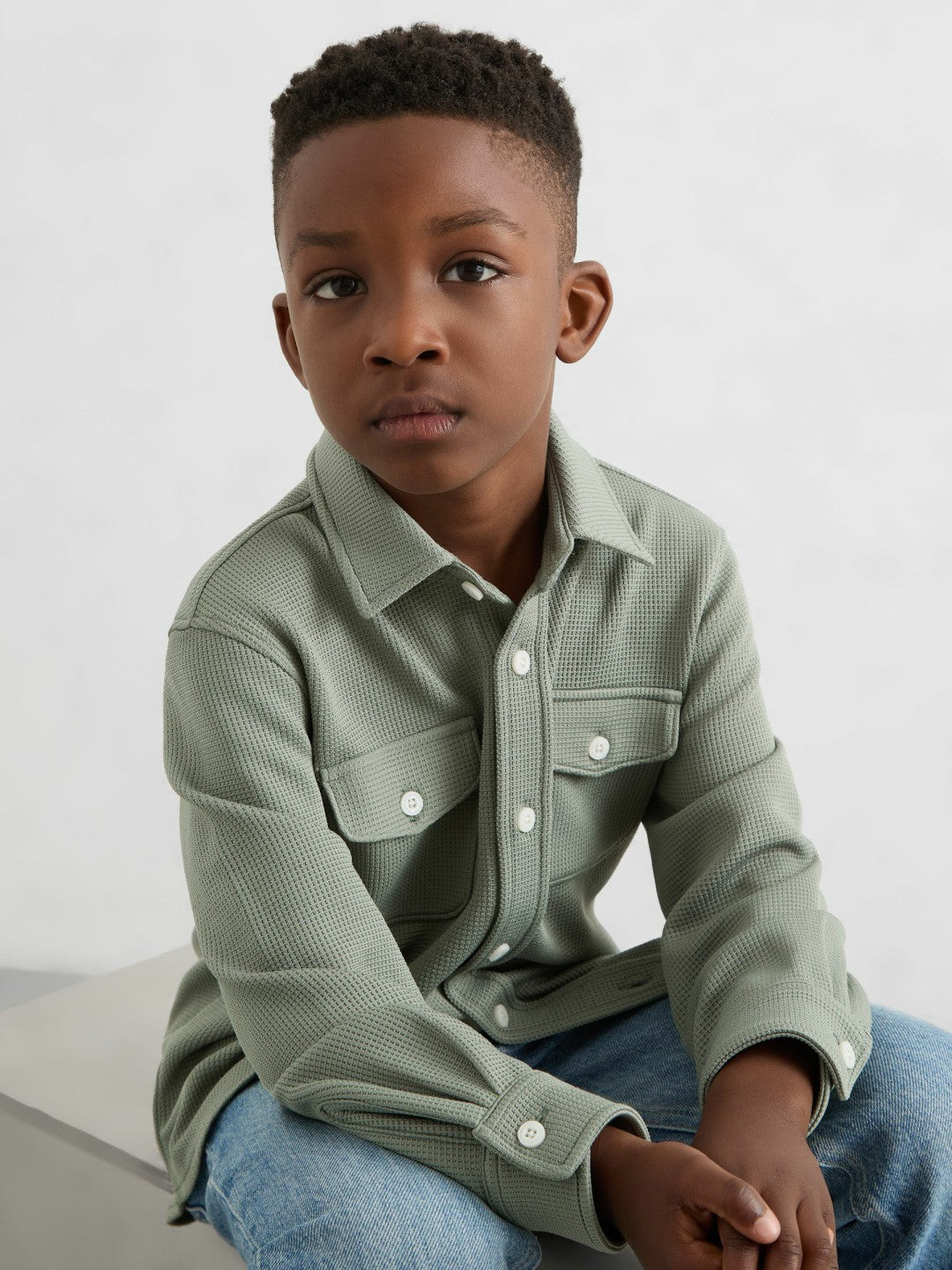 Reiss 13-14 yrs Waffle-Textured Twin-Pocket Overshirt in Sage