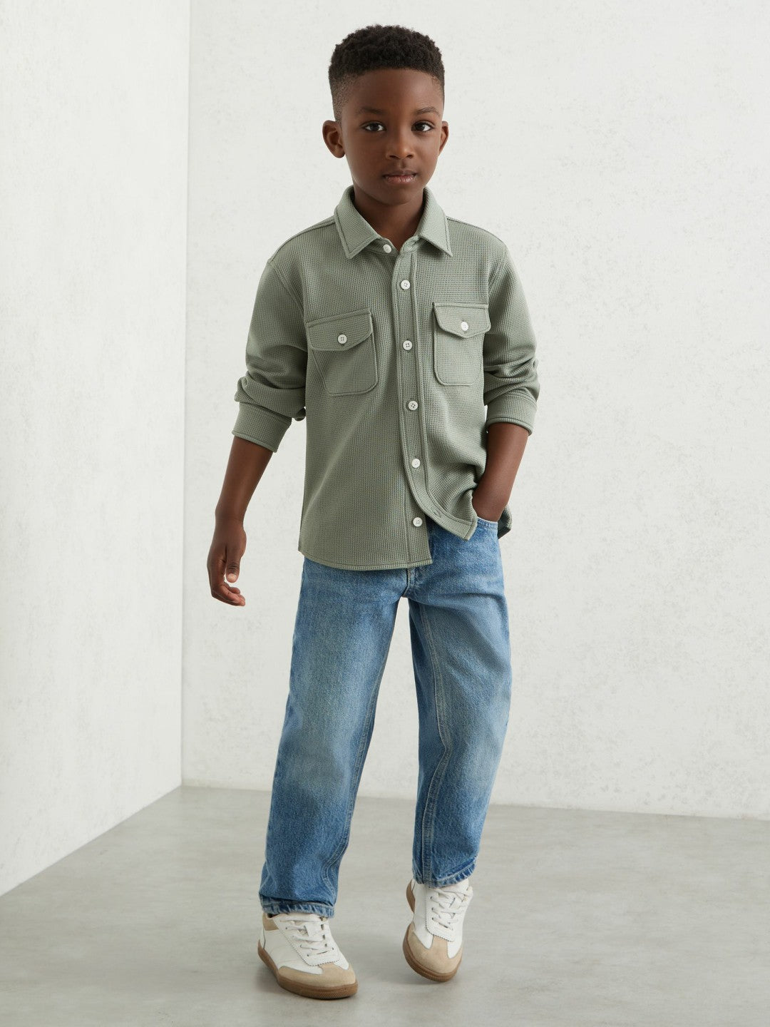 Reiss 13-14 yrs Waffle-Textured Twin-Pocket Overshirt in Sage