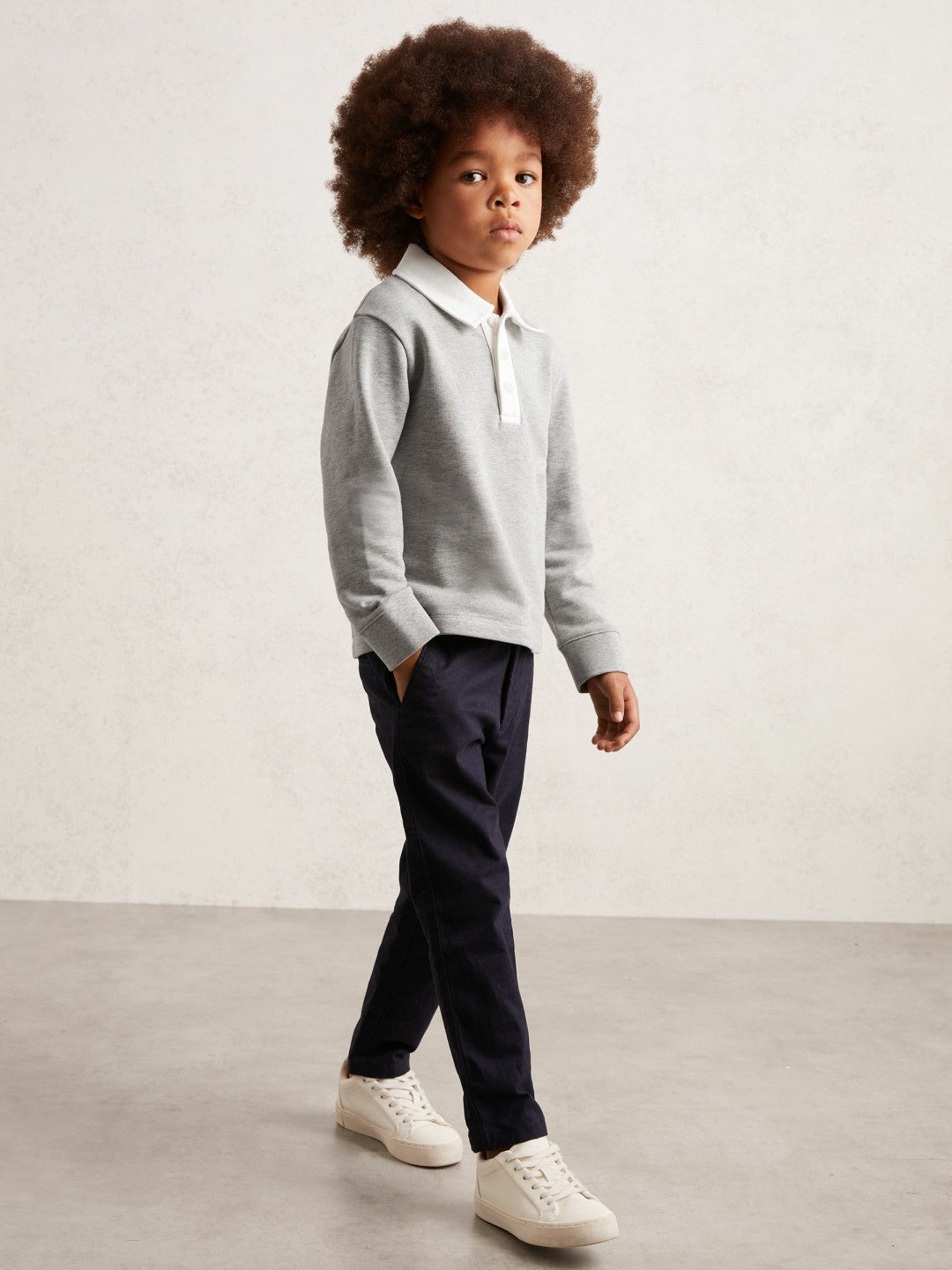 Reiss Cotton Half-Button Rugby Polo Shirt in Grey Marl/White