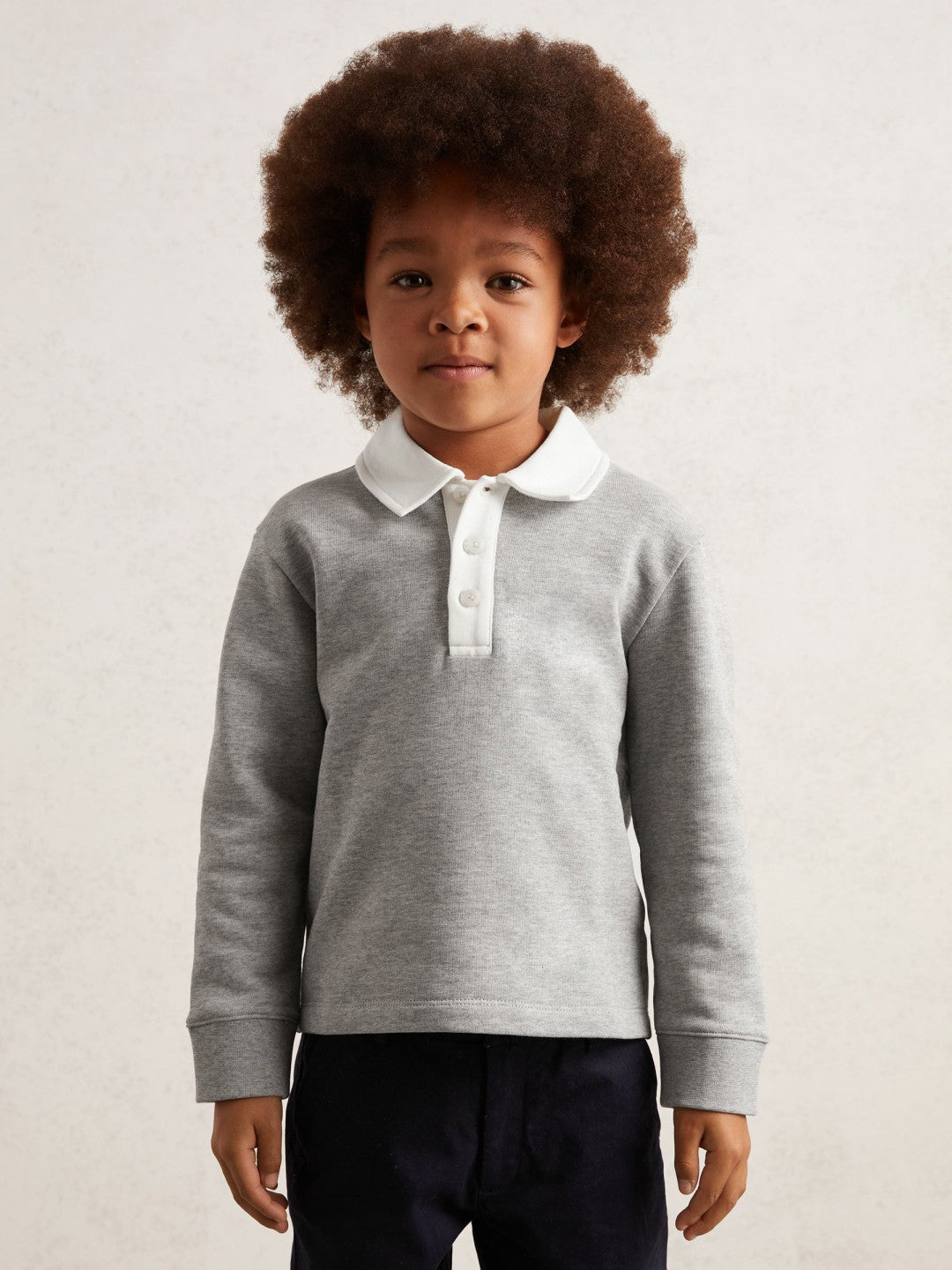 Reiss Cotton Half-Button Rugby Polo Shirt in Grey Marl/White