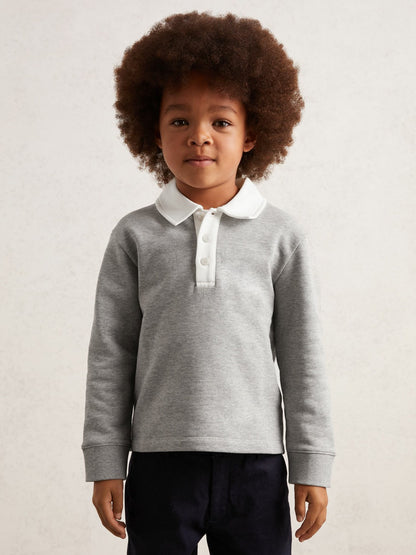 Reiss Cotton Half-Button Rugby Polo Shirt in Grey Marl/White