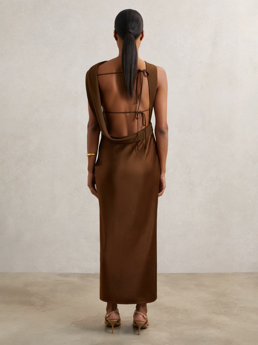 Reiss Back Detail Midi Dress in Bronze