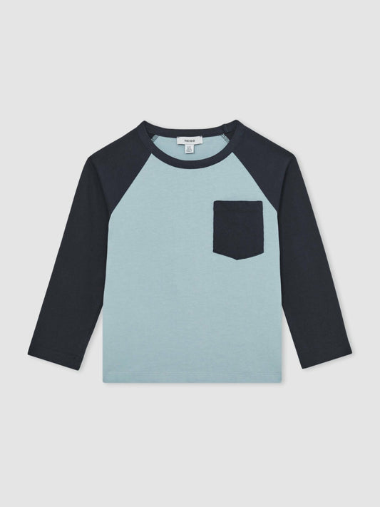 Reiss 13-14 yrs Cotton Colour-Block Long-Sleeve T-Shirt in Navy Blue